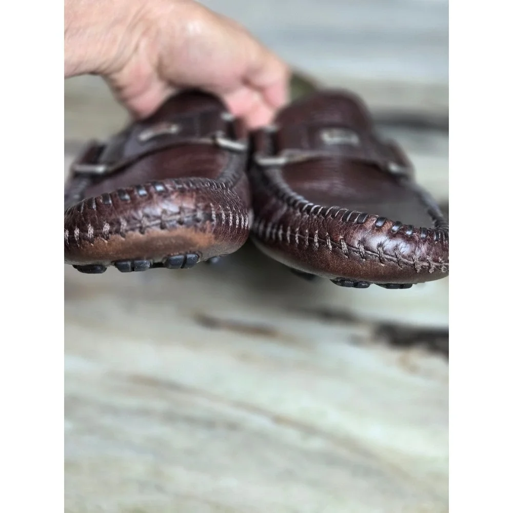 HS‎ Trask Mens Brown Leather Driving Loafers Whipstitch Moc Toe Slip 10.5 M